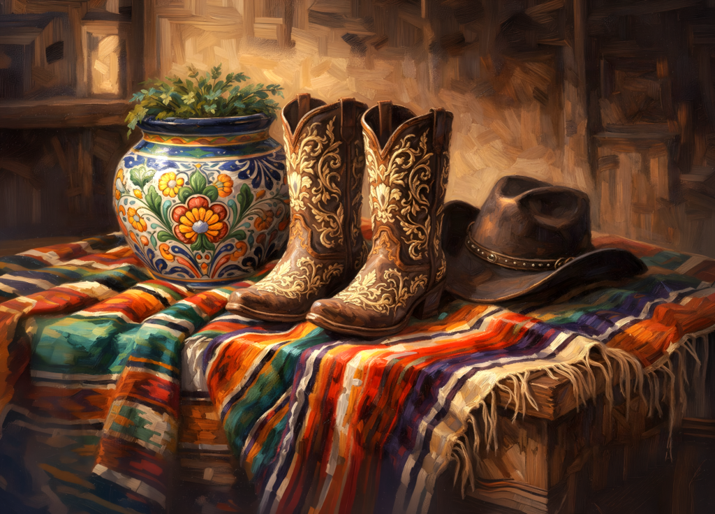 Cowgirl boots, hat, Mexican pottery