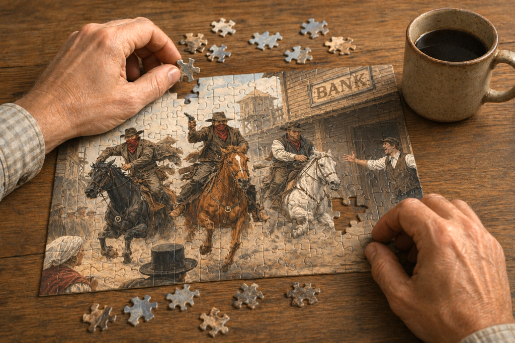 man assembling the bank robbers escaping jigsaw puzzle