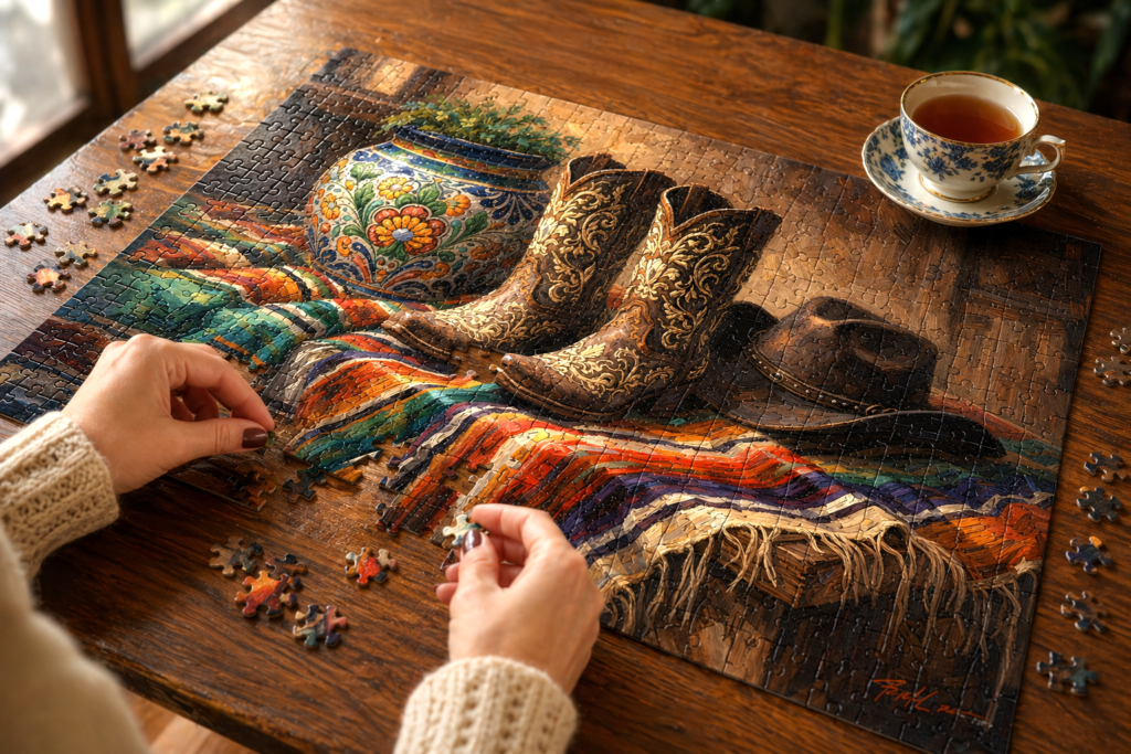 woman's hands assembling the cowgirl boots still life puzzle