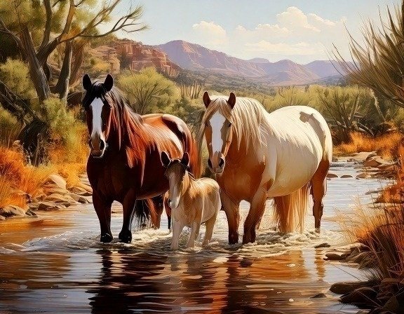 two horses and foal in Arizona river